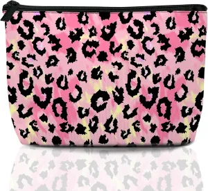 Makeup Bag Black Leopard Print Cosmetic Bags for Women Mini Portable Pink Tie Dye Travel Toiletry Bag Organizer Make up Brushes Aesthetic Accessories Waterproof Storage Bags