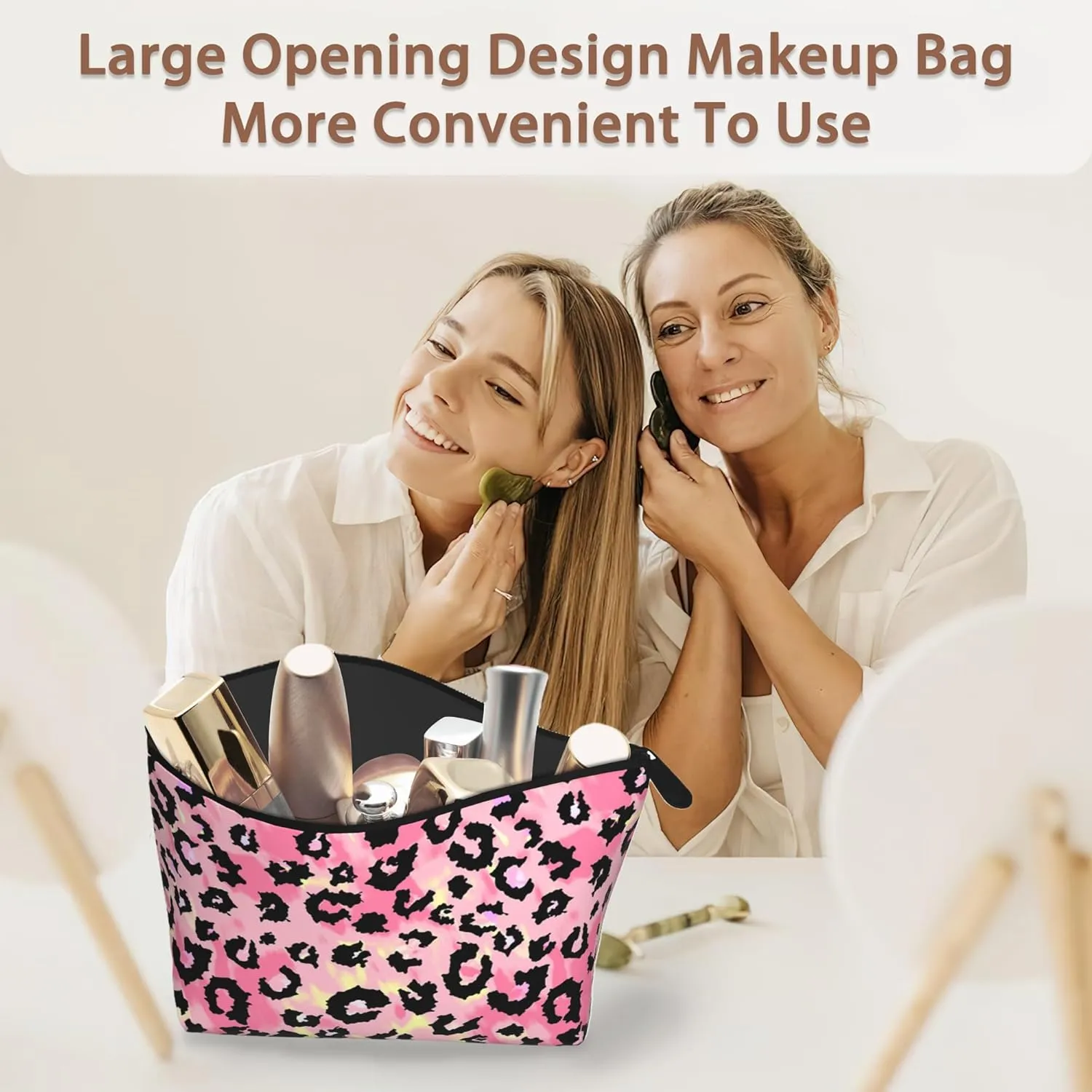 Makeup Bag Black Leopard Print Cosmetic Bags for Women Mini Portable Pink Tie Dye Travel Toiletry Bag Organizer Make up Brushes Aesthetic Accessories Waterproof Storage Bags