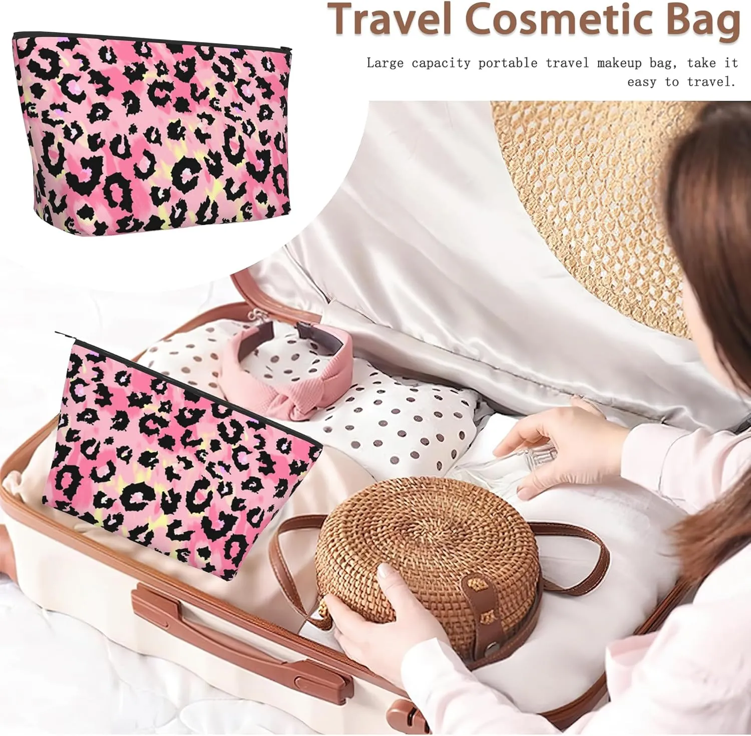 Makeup Bag Black Leopard Print Cosmetic Bags for Women Mini Portable Pink Tie Dye Travel Toiletry Bag Organizer Make up Brushes Aesthetic Accessories Waterproof Storage Bags
