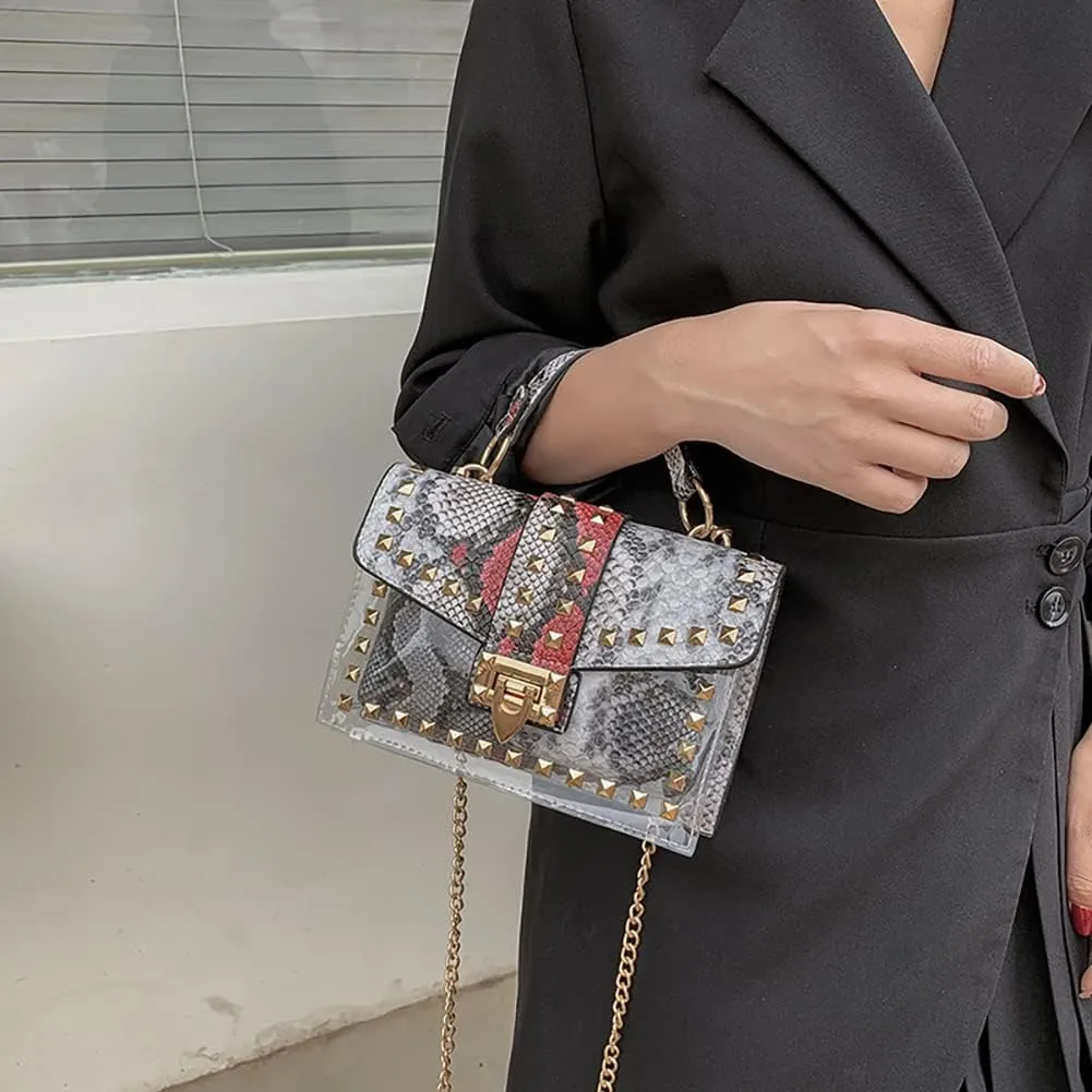 PU Leather Graffiti Shoulder Crossbody Rivet Square Snake-shaped Pattern Chain Bag