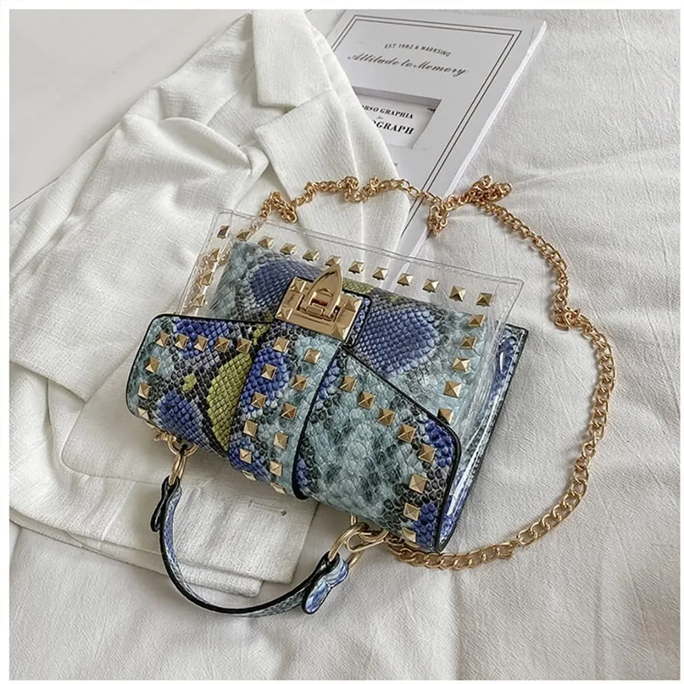 PU Leather Graffiti Shoulder Crossbody Rivet Square Snake-shaped Pattern Chain Bag