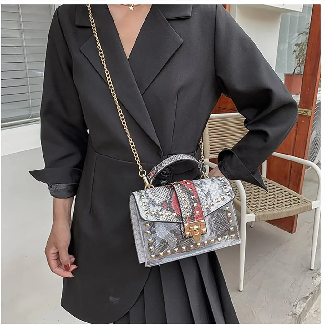 PU Leather Graffiti Shoulder Crossbody Rivet Square Snake-shaped Pattern Chain Bag