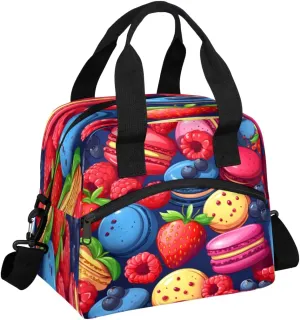 QsirBC Insulated Lunch Bag for Men Women, Berry Macaron Treats Reusable Lunch Tote with Shoulder Strap, Portable Waterproof Lunch Box Meal Bag for Work, Picnic