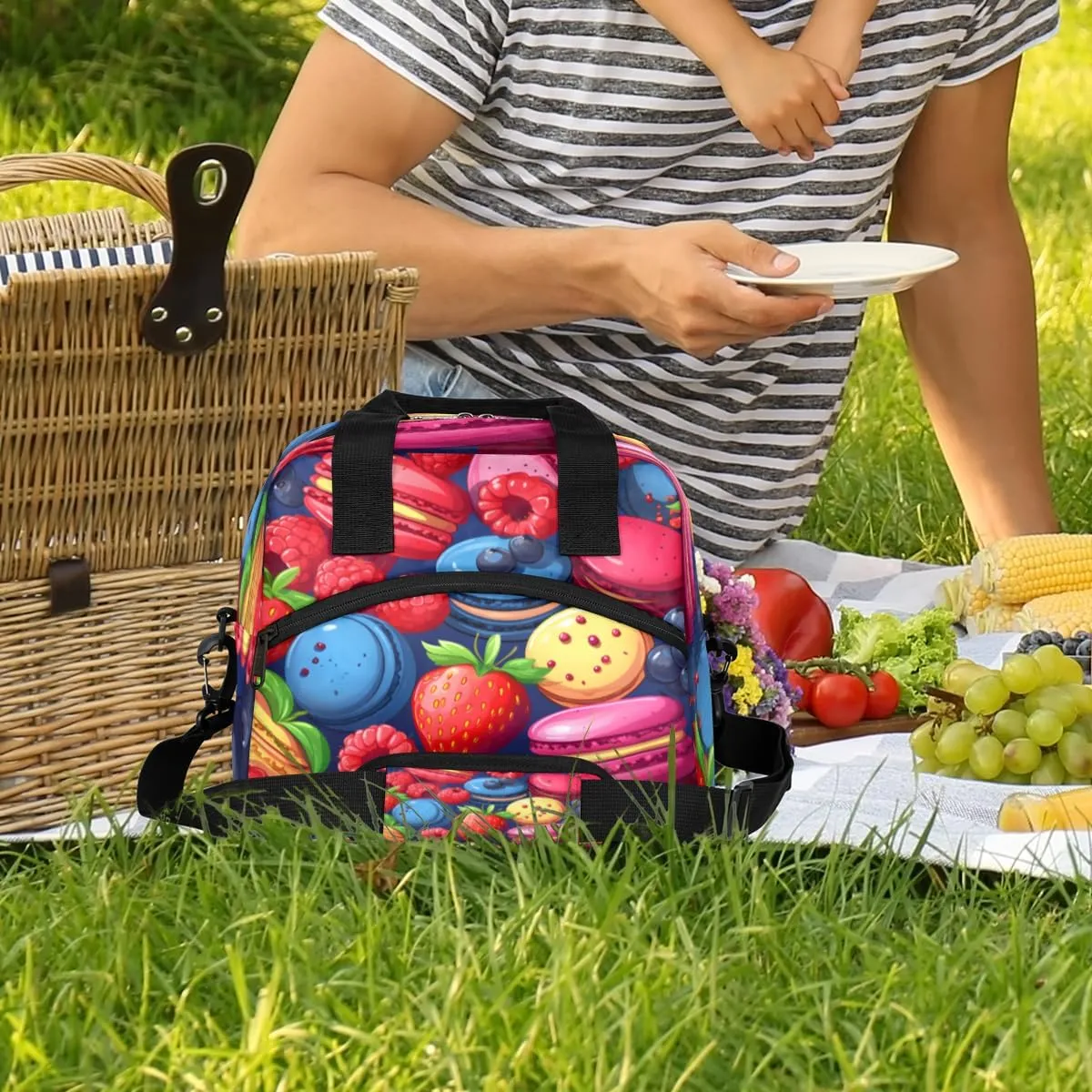 QsirBC Insulated Lunch Bag for Men Women, Berry Macaron Treats Reusable Lunch Tote with Shoulder Strap, Portable Waterproof Lunch Box Meal Bag for Work, Picnic