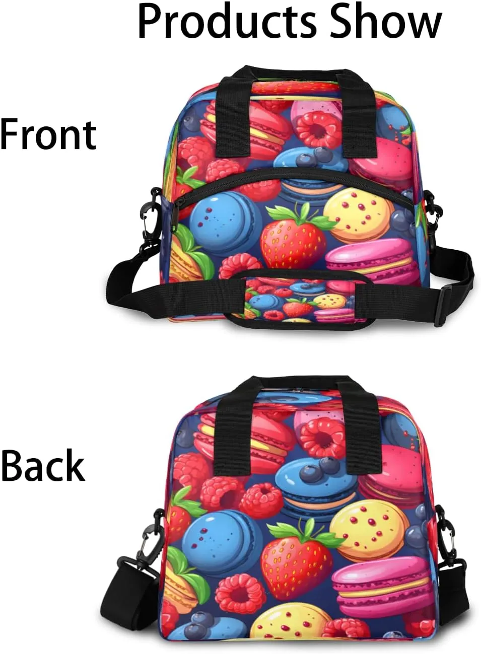 QsirBC Insulated Lunch Bag for Men Women, Berry Macaron Treats Reusable Lunch Tote with Shoulder Strap, Portable Waterproof Lunch Box Meal Bag for Work, Picnic