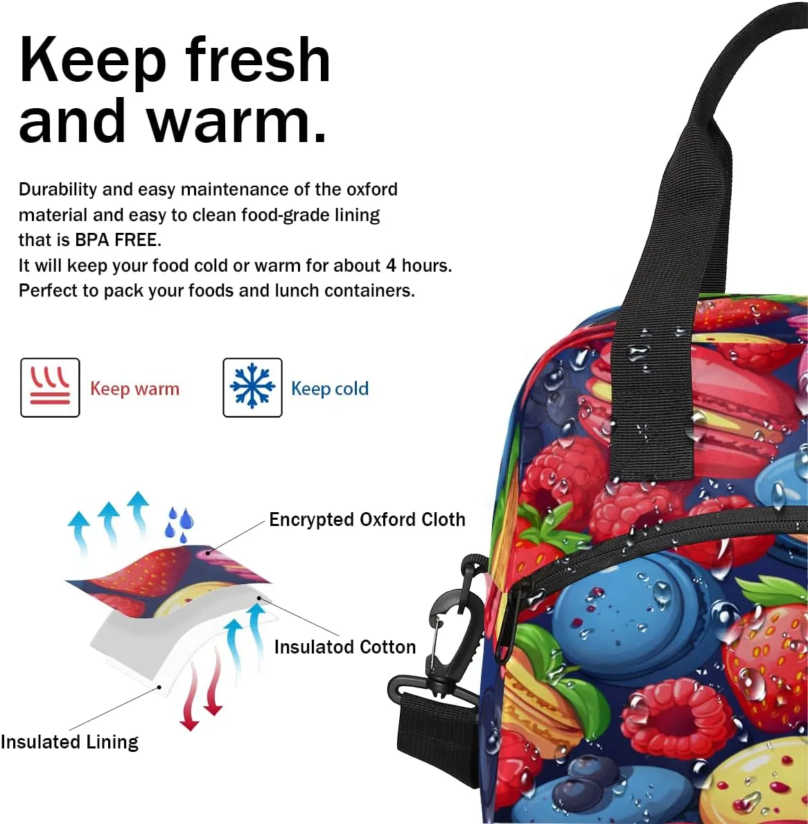 QsirBC Insulated Lunch Bag for Men Women, Berry Macaron Treats Reusable Lunch Tote with Shoulder Strap, Portable Waterproof Lunch Box Meal Bag for Work, Picnic