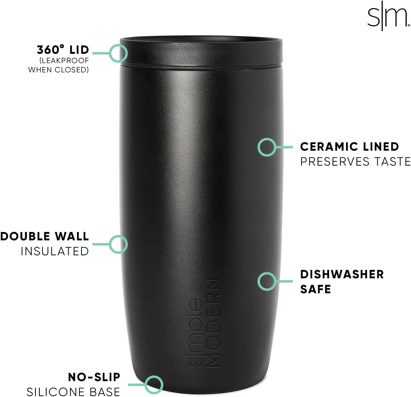 Simple Modern Travel Coffee Mug Tumbler with 360 Lid | Ceramic-Lined Insulated Stainless Steel Cold Brew Iced Coffee Cup | Gifts for Women Men Her Him | Voyager Signature | 16oz | Midnight Black