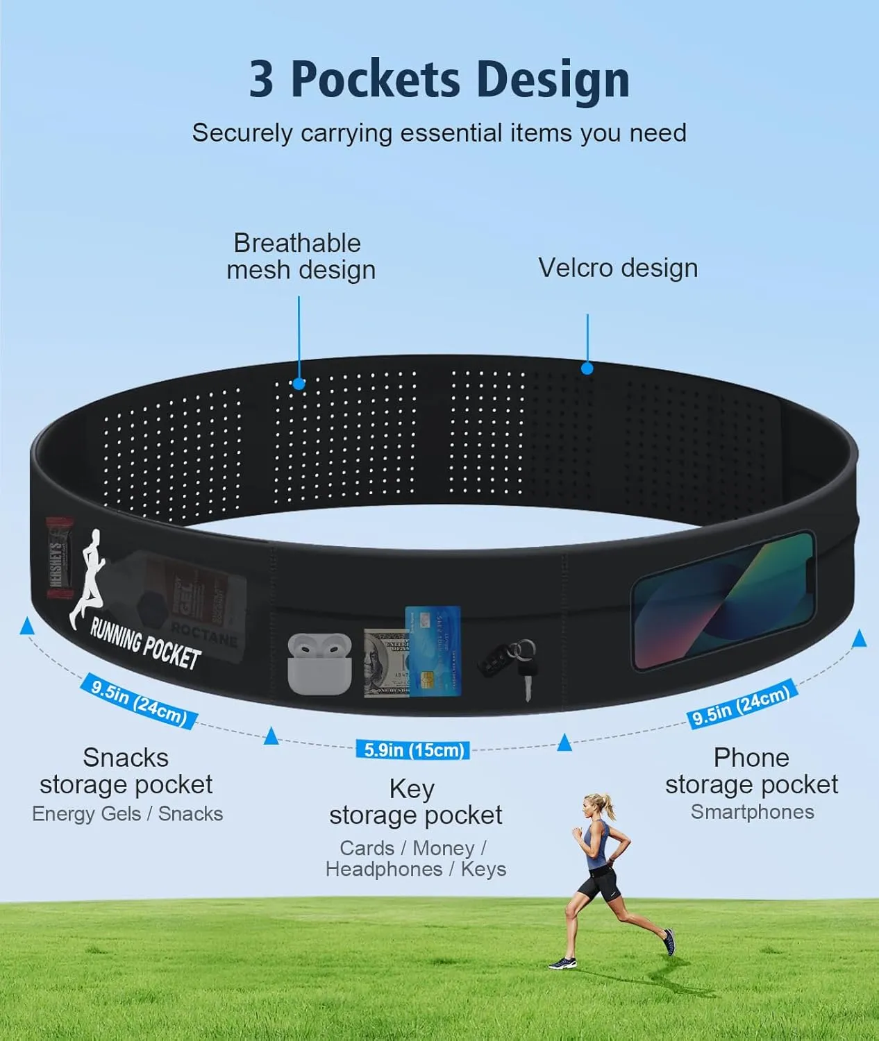 Slim Running Belt with 3 Pockets, Workout Fanny Packs for Women & Men, Money Belt Phone Holder for Running, Adjustable Waist Pack Fits Most Phones/Keys/Essentials for Walking, Cycling