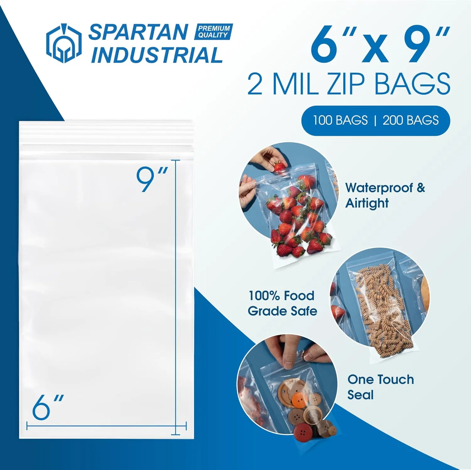 Spartan Industrial - 6 X 9 (100 Count) Quart Clear Reclosable Zip Plastic Poly Bags with Resealable Lock Seal Zipper - 2 Mil