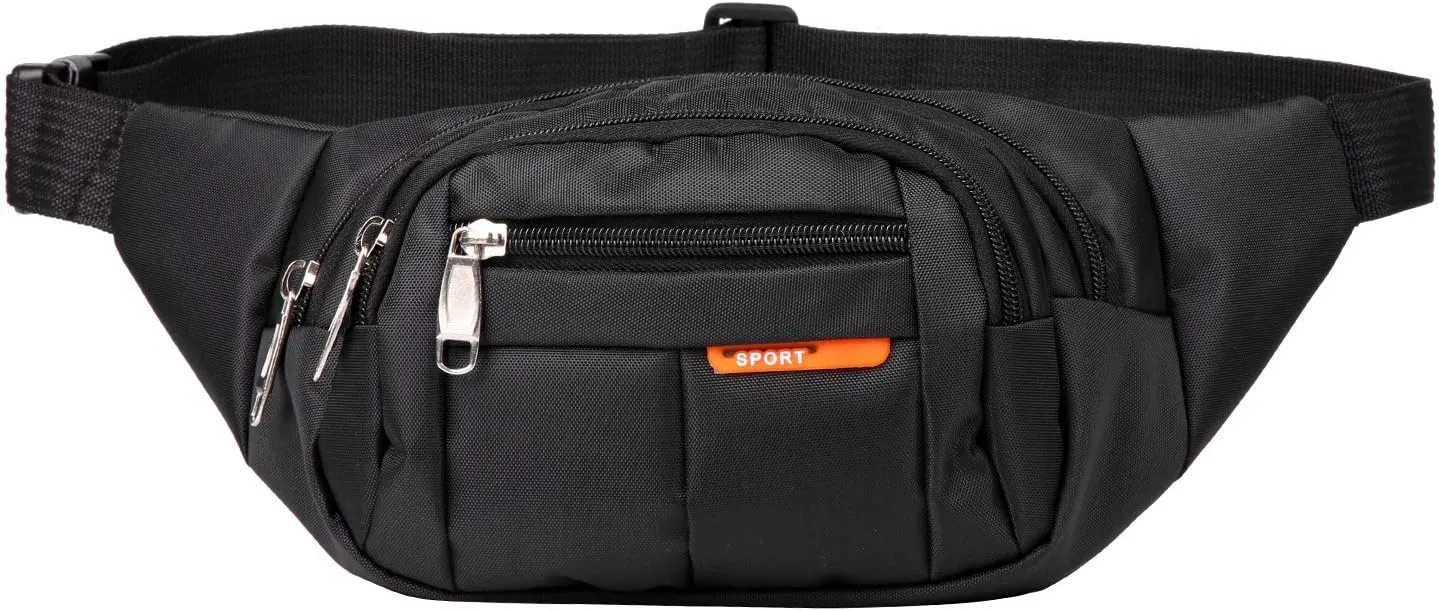Sports Waist Packs Fanny Bag, Multiple Functions Hip Bum Chest Belly Back Bags with Adjustable Belt Strap for Men, Women Fit for Outdoor Events Like Hiking, Cycling, Running (Black)