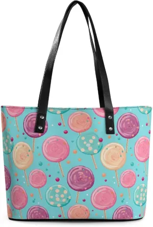 Sweet Treats Lollipops Leather Handbags for Women Shoulder Tote Crossbody Travel Purses with Zippered