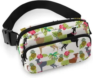 Tropical Palm Tree Hula Dancer Dog Greyhound Pattern Fanny Pack Adjustable Bum Bag Crossbody Double Layer Waist Bag for Halloween