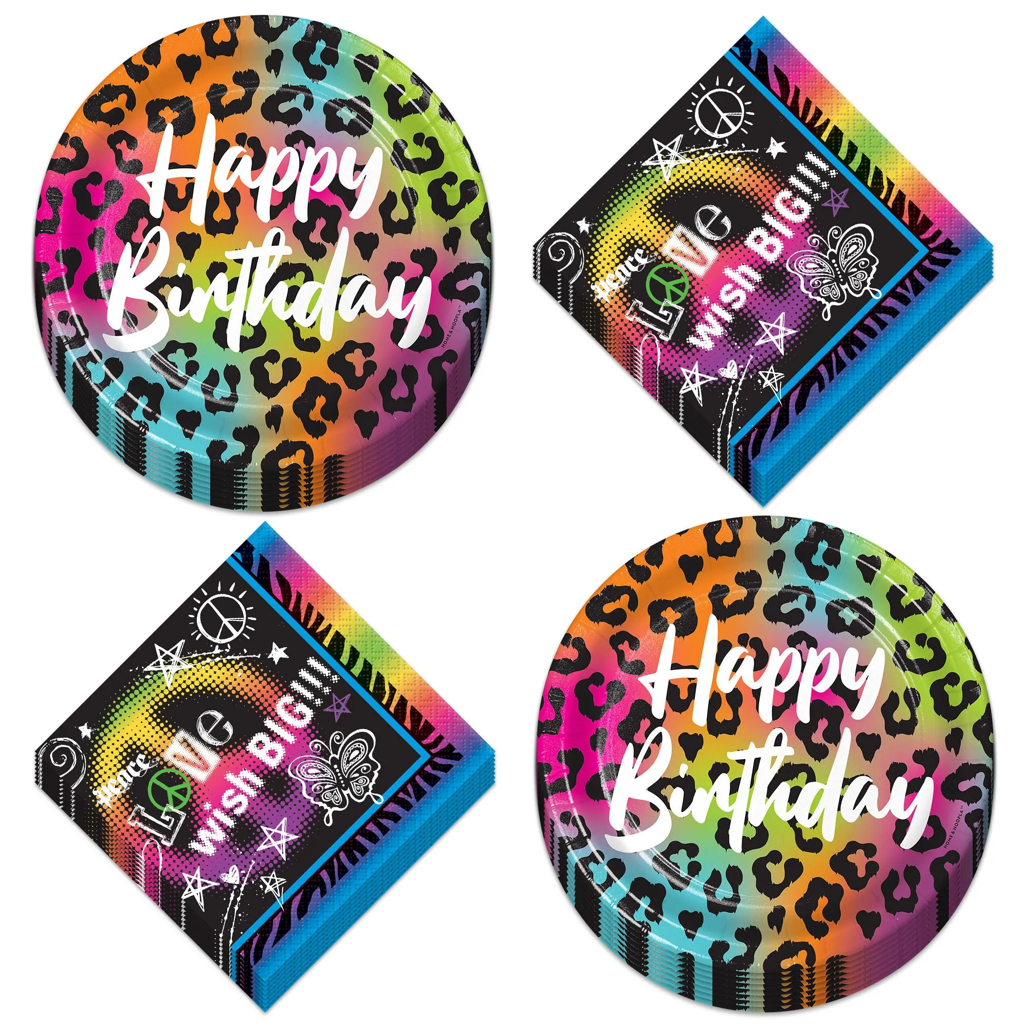 Wild Child Happy Birthday Animal Print Paper Plates and Peace Sign Napkins (Serves 16)