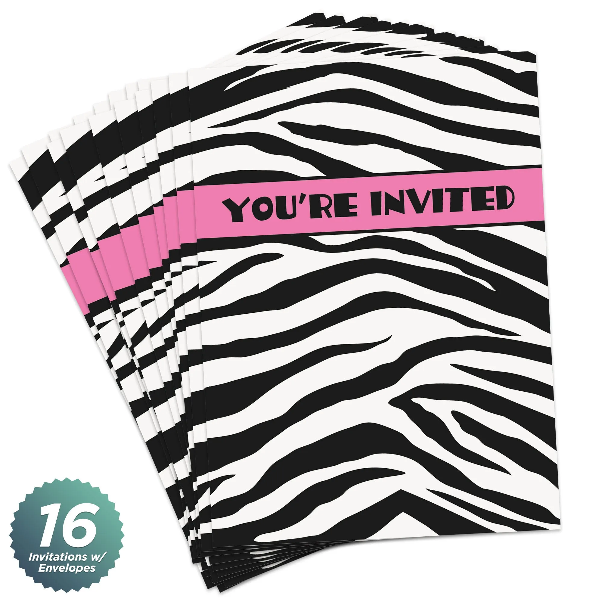 Wild Zebra Animal Print & Pink Party Supplies - Paper Invitations For 16 Guests