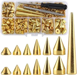 YORANYO Mixed Shape Spike and Stud Set - 135 Assorted Sizes Gold Color Screw Back Bullet Cone Rivets for Leather Craft Clothing Shoes Belts Bags Dog Collars